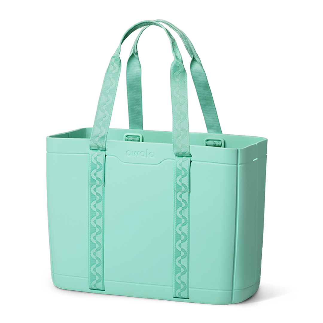 Sun-Day Collapsible Tote in Wavelength, periwinkle blue tote bag with dark navy checkerboard patterned carry loops and blue horizontal strap accent